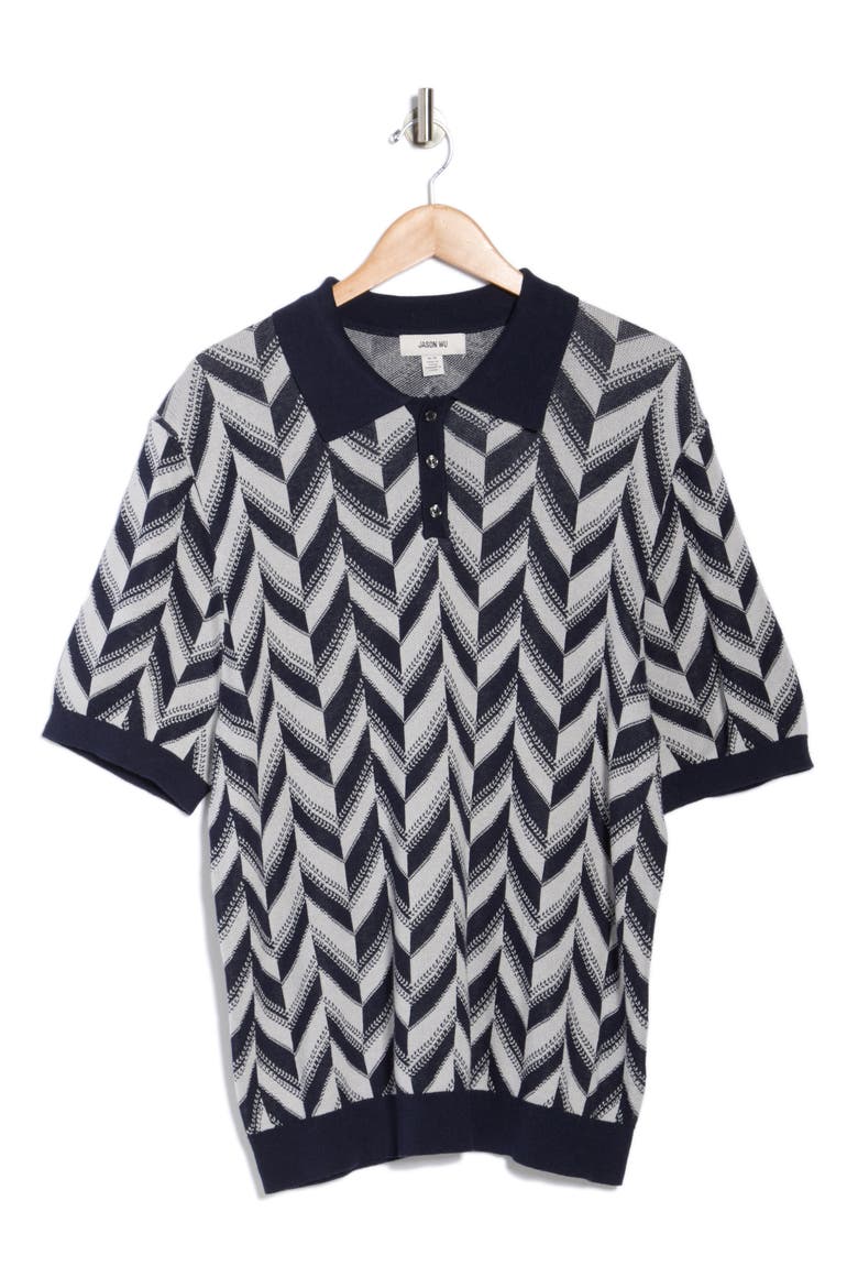 Chevron Silk & Cotton Polo, Alternate, color, NAVY/ SANDERLING