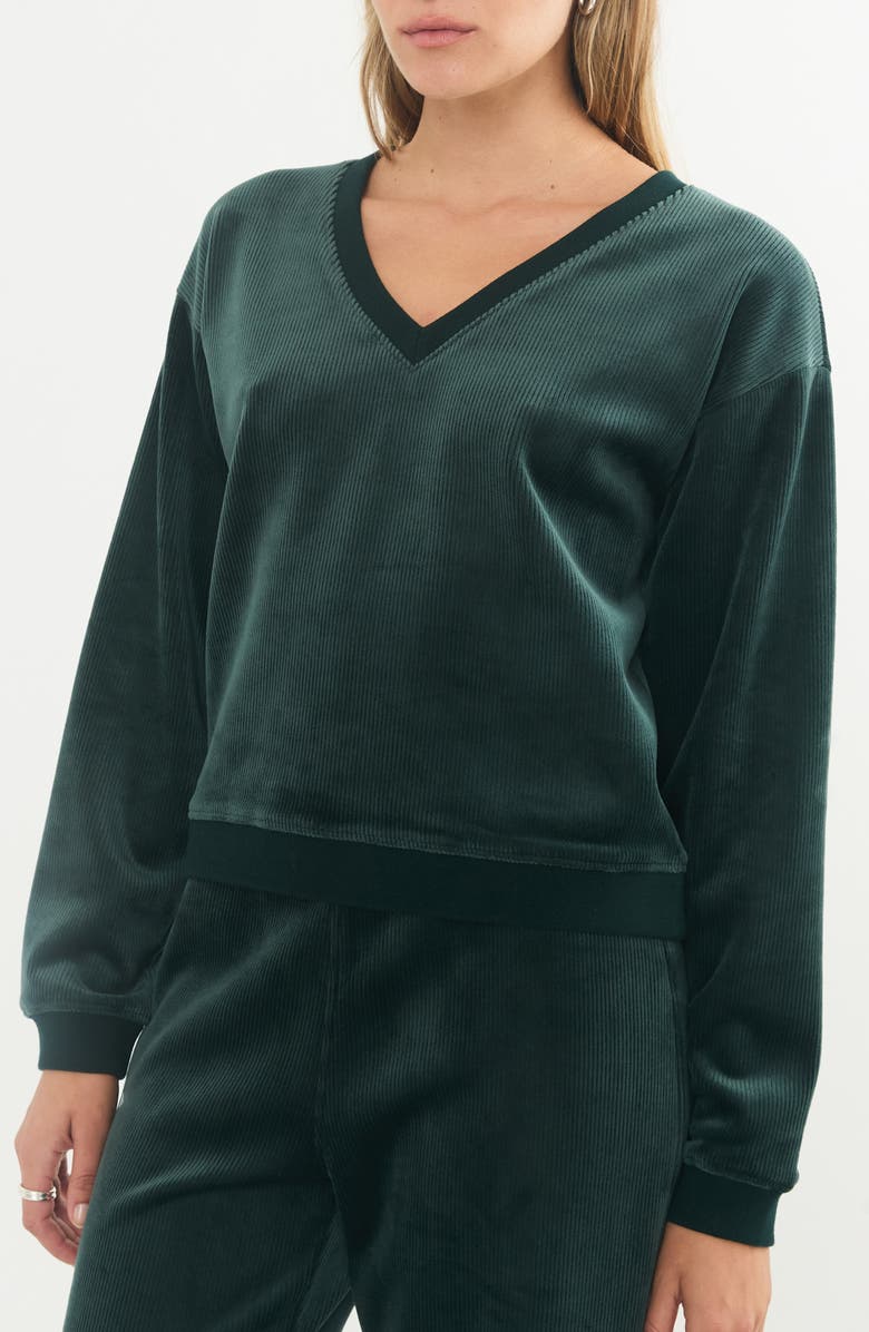 Marine Layer Corded Velour V-Neck Top, Main, color, Green Gables