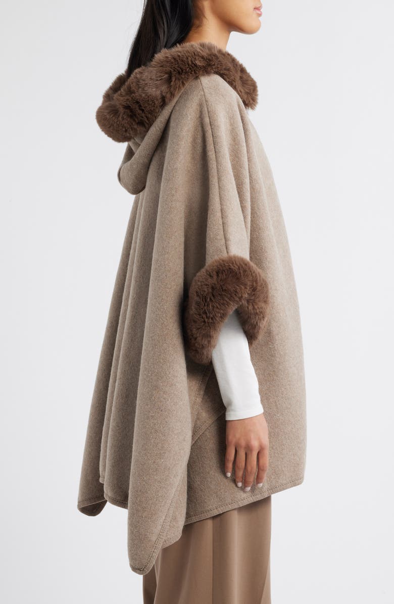 La Fiorentina Faux Fur Trim Hooded Ruana, Alternate, color, Tan