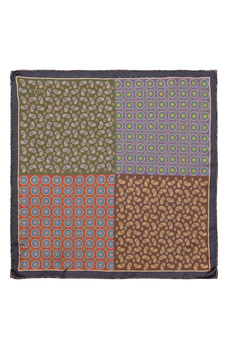 Eton Paisley & Medallion Reversible Silk Pocket Square, Alternate, color, Blue Multi
