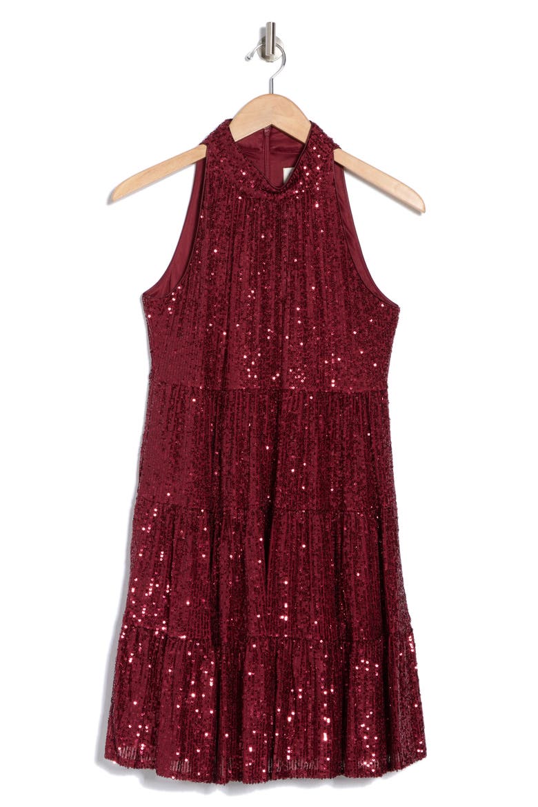 Sequin Halter Tiered Dress, Alternate, color, WINE