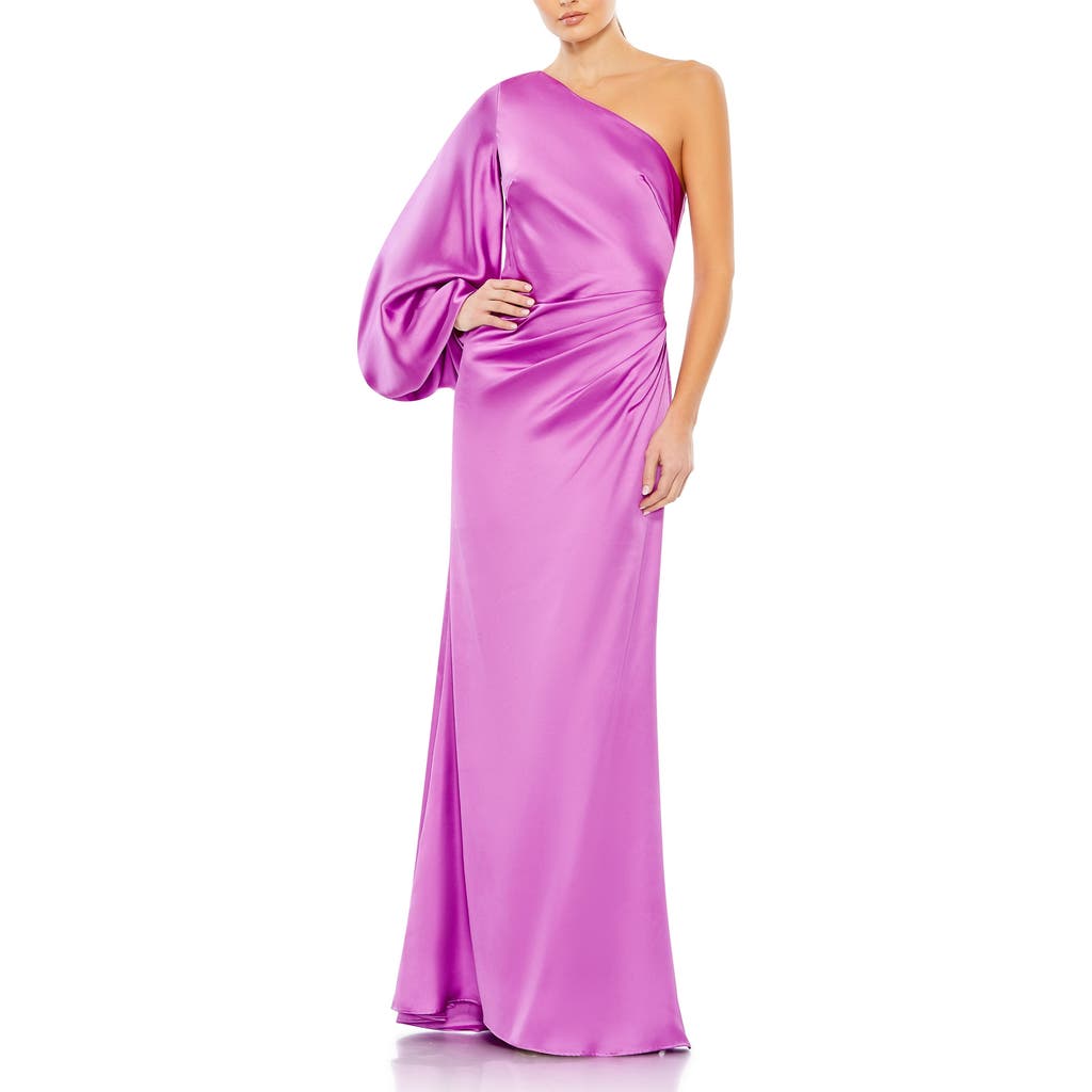 Mac Duggal Satin One Shoulder Puff Sleeve Gown