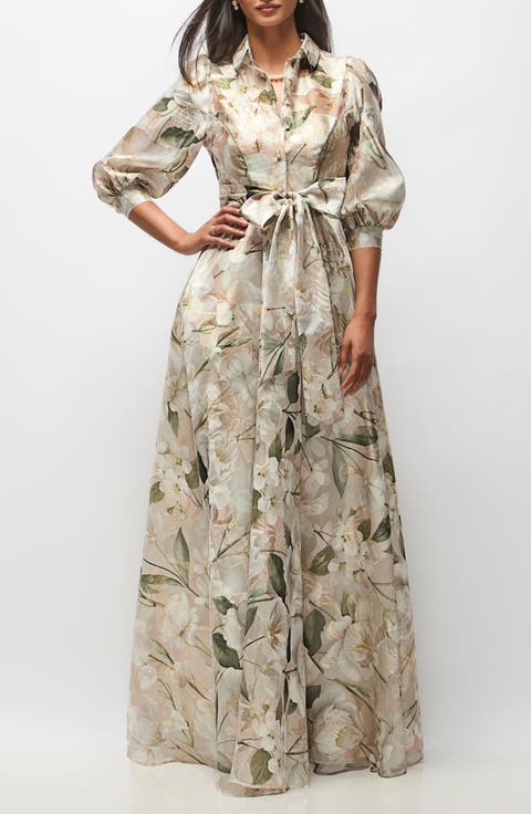 Marie Metallic Floral Tie Waist Organza Gown
