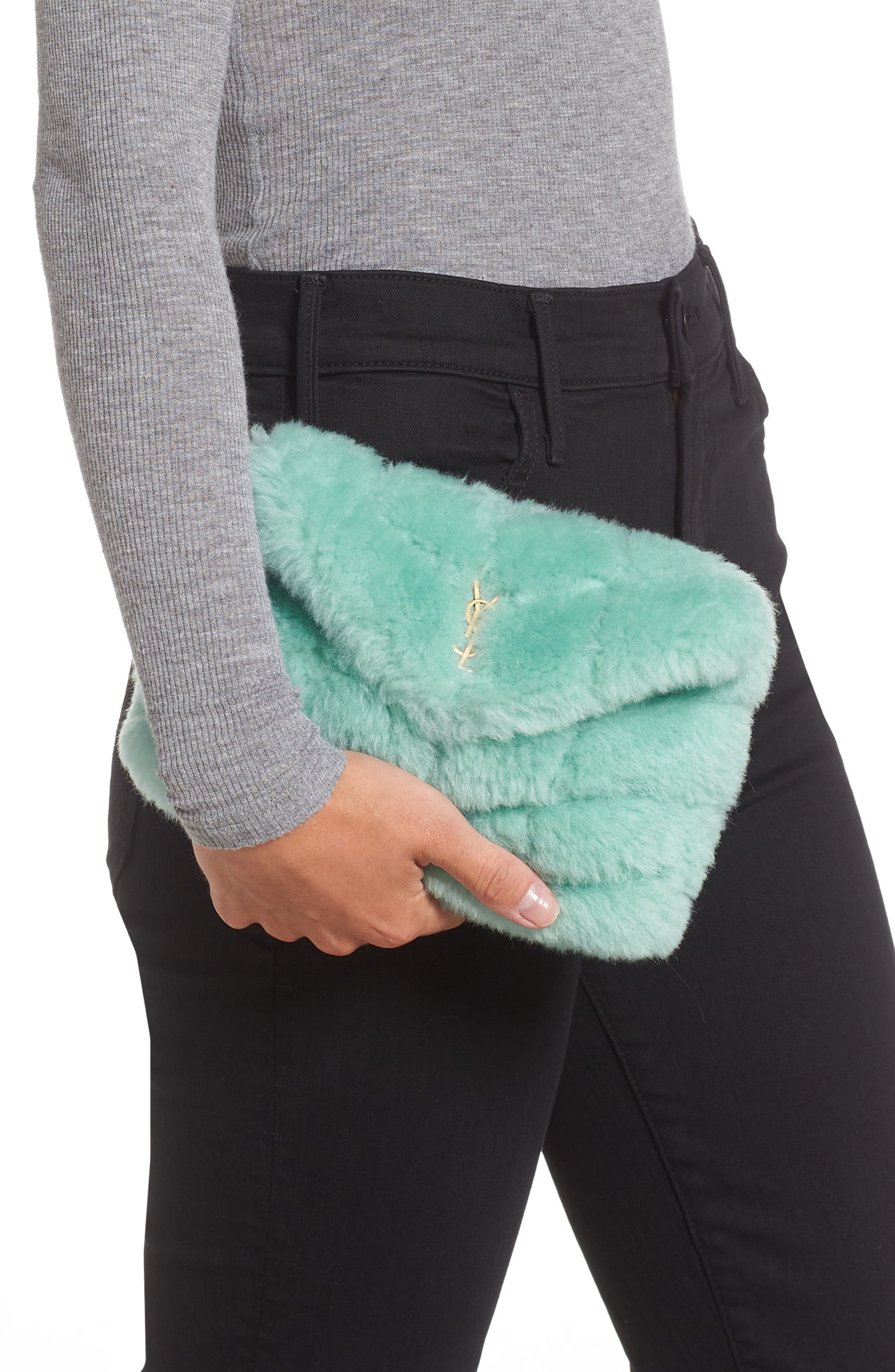 Small Lou Puffer Genuine Shearling Pouch, Alternate, color, ICED MINT