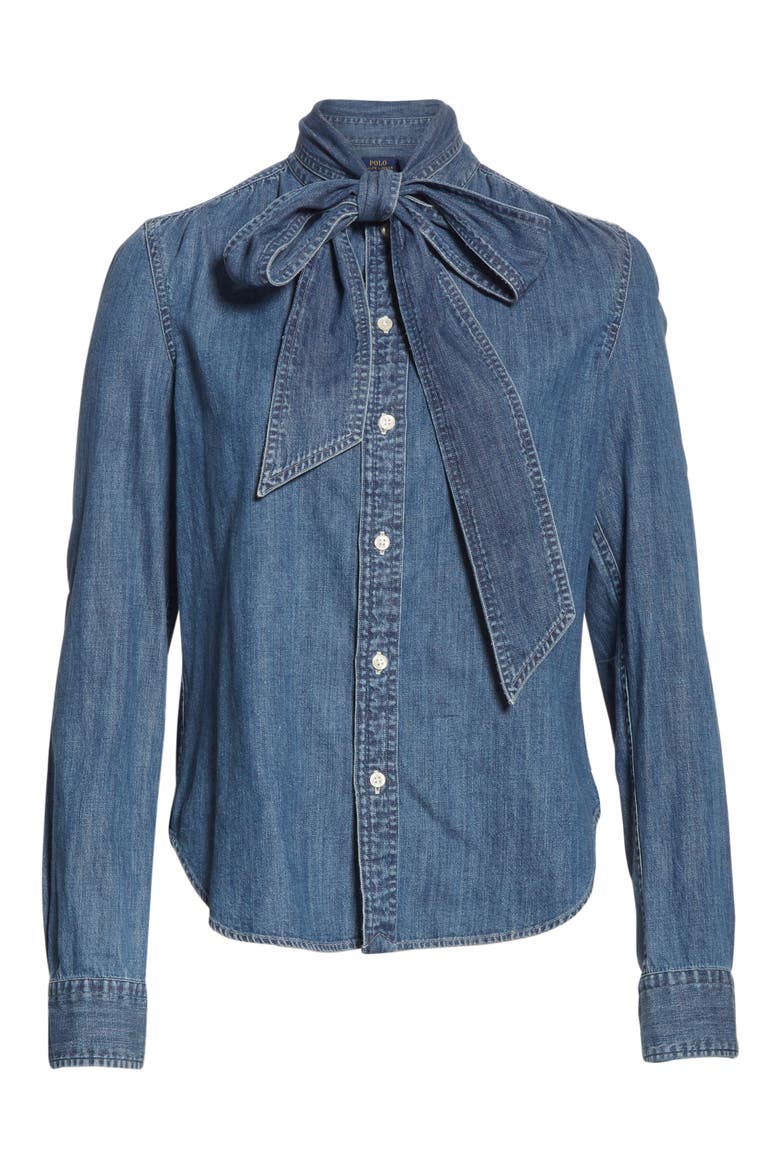 Tie Neck Button-Up Denim Shirt, Alternate, color, MEDIUM INDIGO