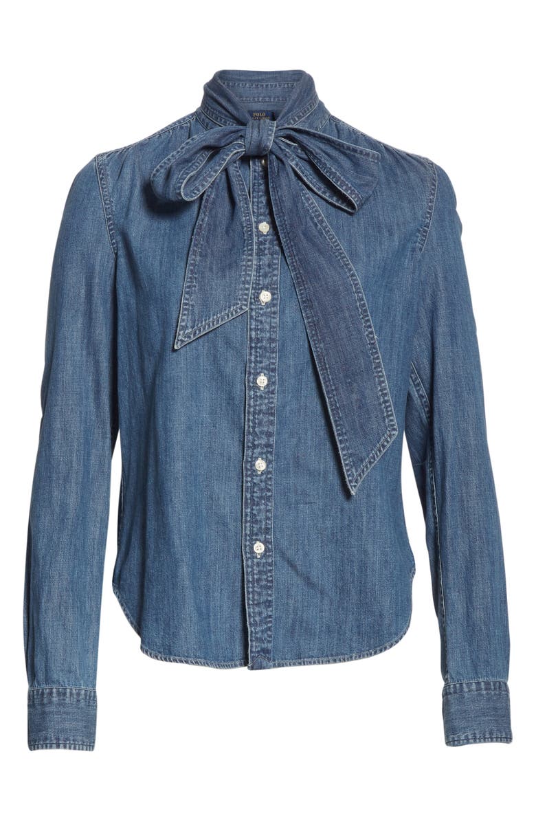 Polo Ralph Lauren Tie Neck Button-Up Denim Shirt, Alternate, color, 