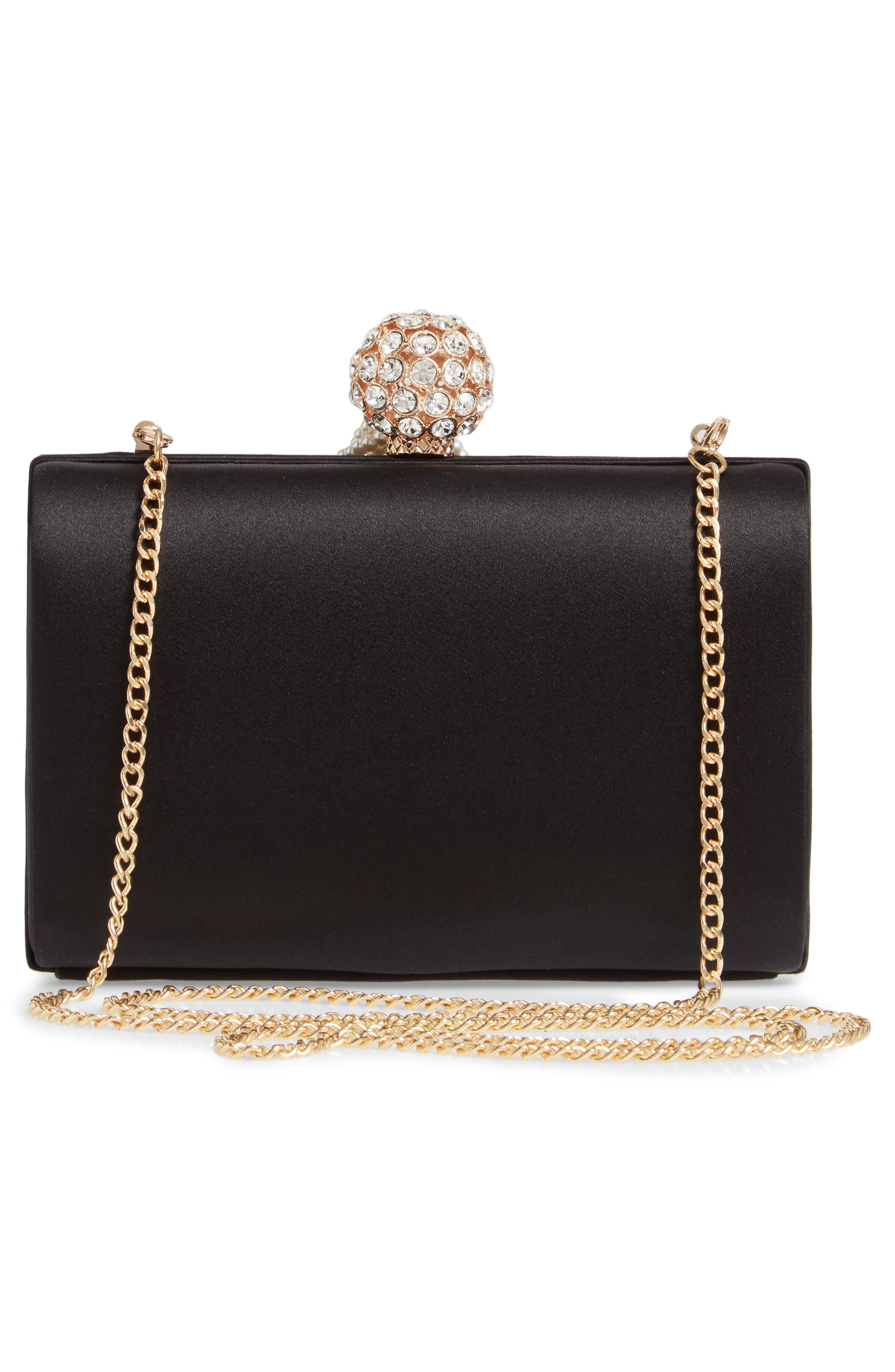 Nordstrom Imitation Pearl Fringe Satin Minaudière, Alternate, color, Black