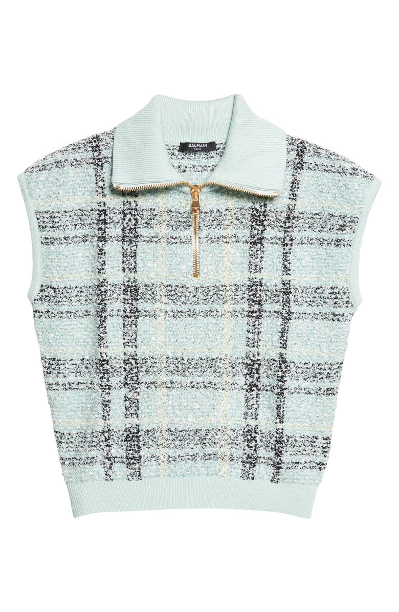 Balmain Tweed Zip Funnel Neck Sweater, Main, color, Ulm Pale Green/ Multi