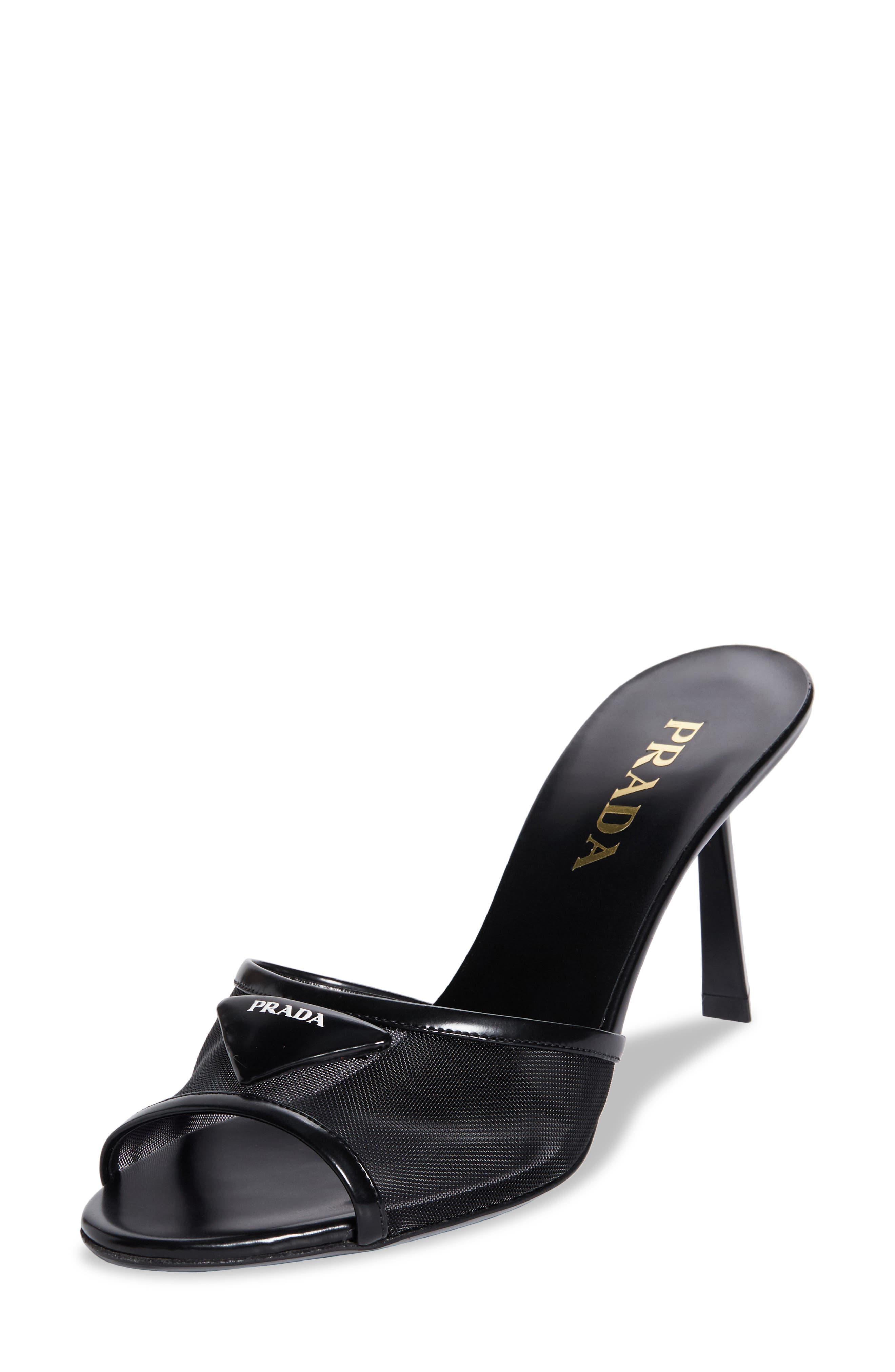 Prada Triangle Logo Mesh Slide Sandal, Main, color, Nero