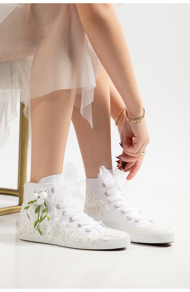 Forever & Always Shoes Sylvara Floral Lace Ribbon Bridal High Top Sneaker, Alternate, color, Ivory