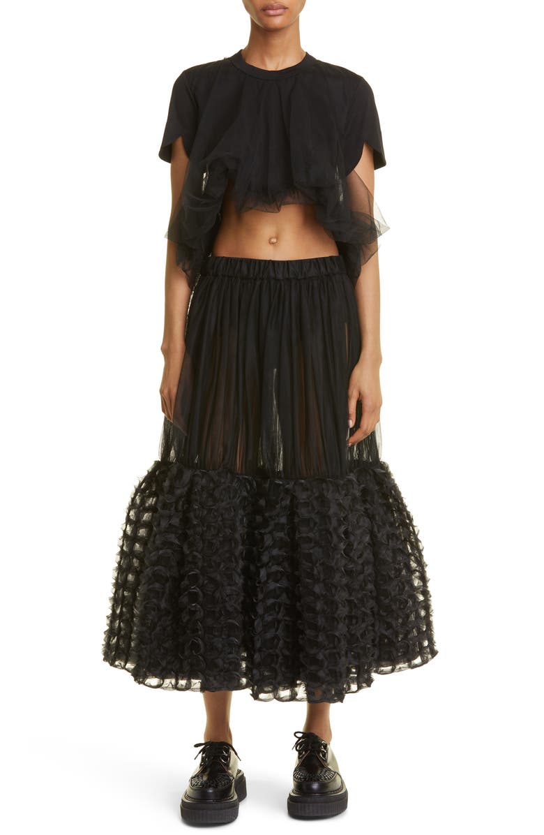 Noir Kei Ninomiya Scallop Hem Ponte Knit & Tulle Top, Alternate, color, 