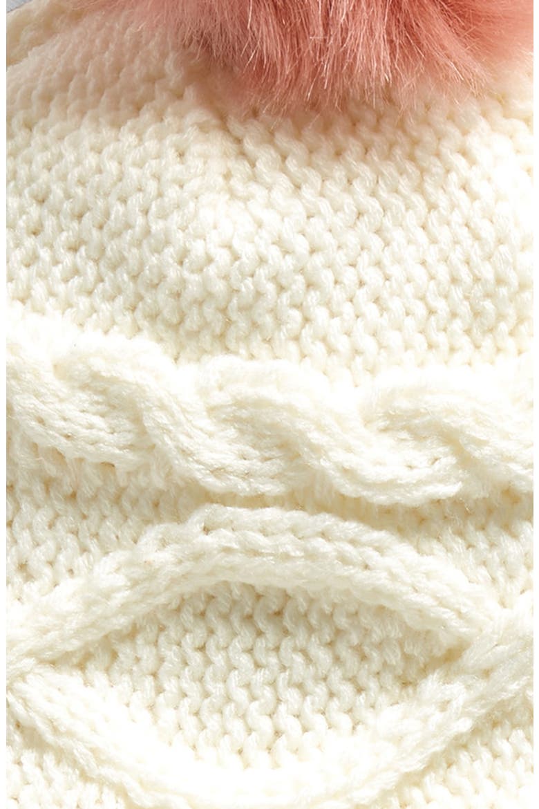 Kids' Fleece Lined Cable Knit Beanie with Faux Fur Pompoms, Alternate, color, WHITE/DUSTY ROSE