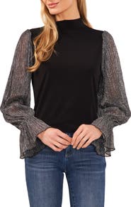 CeCe Metallic Sleeve Stretch Crepe Top