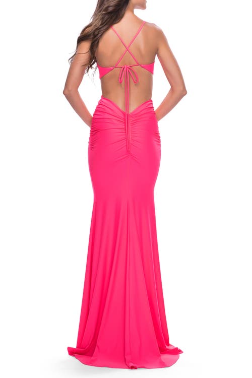 La Femme Prom Dress With Cut Out Sides And Low Open Back In Neon Pink