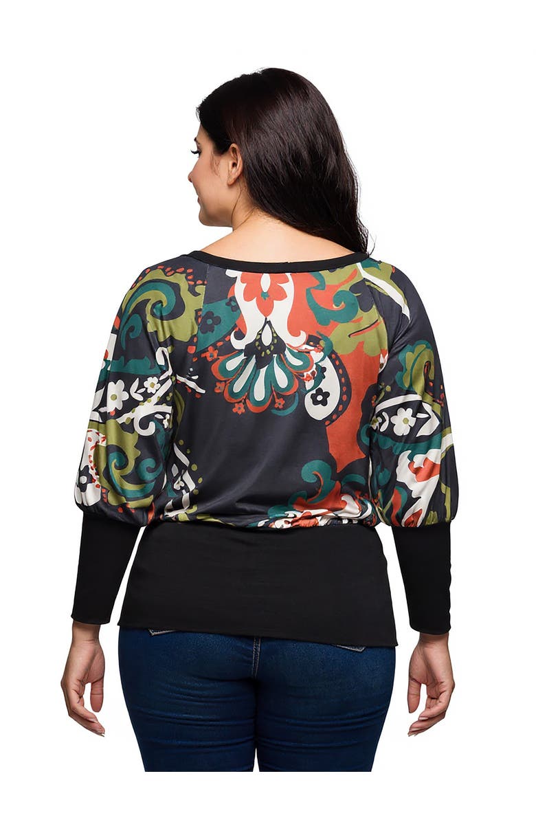 24seven Comfort Apparel Curvy Essential Paisley Print Dolman Sleeve Banded Top, Alternate, color, Grey Multi