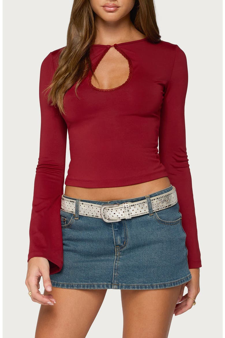 Dena Keyhole Flared Long Sleeve Top, Main, color, BURGUNDY