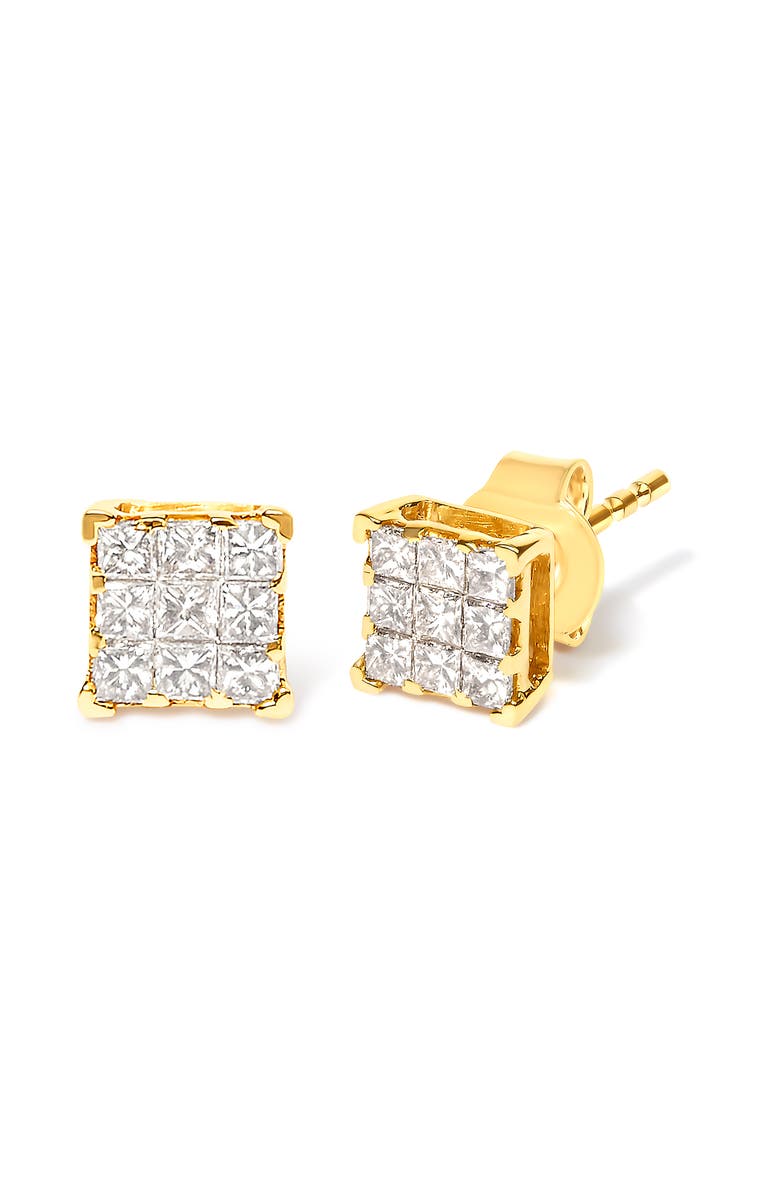 Haus of Brilliance 14K Yellow Gold 1/2 Ct Invisible Princess 9 Stone Square Stud Earrings, Alternate, color, Yellow