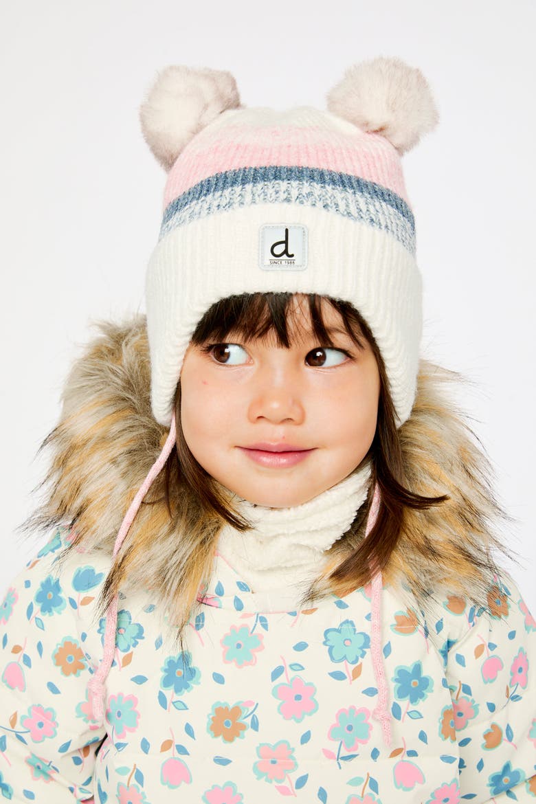 Striped Fleece Lined Pompom Ear Flap Winter Knit Hat, Alternate, color, Off-White, Pink and Blue