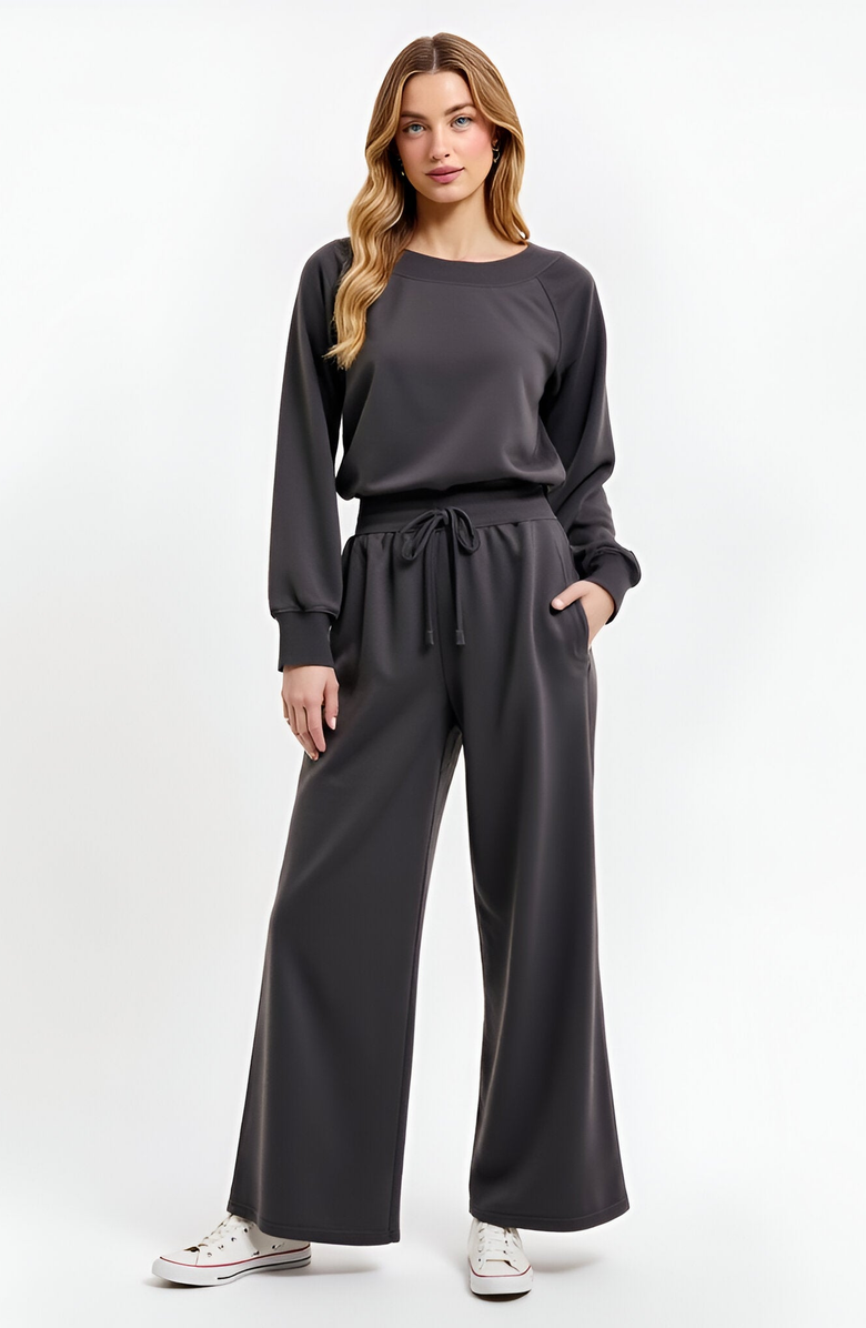 Modenaire Wide Leg Long Sleeve Crewneck Knit Jumpsuit with Drawstring Waist, Main, color, 