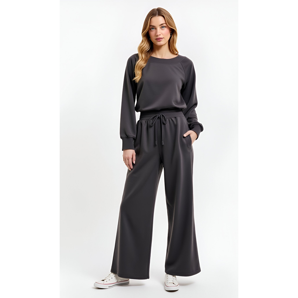 Modenaire Wide Leg Long Sleeve Crewneck Knit Jumpsuit With Drawstring Waist In Gray