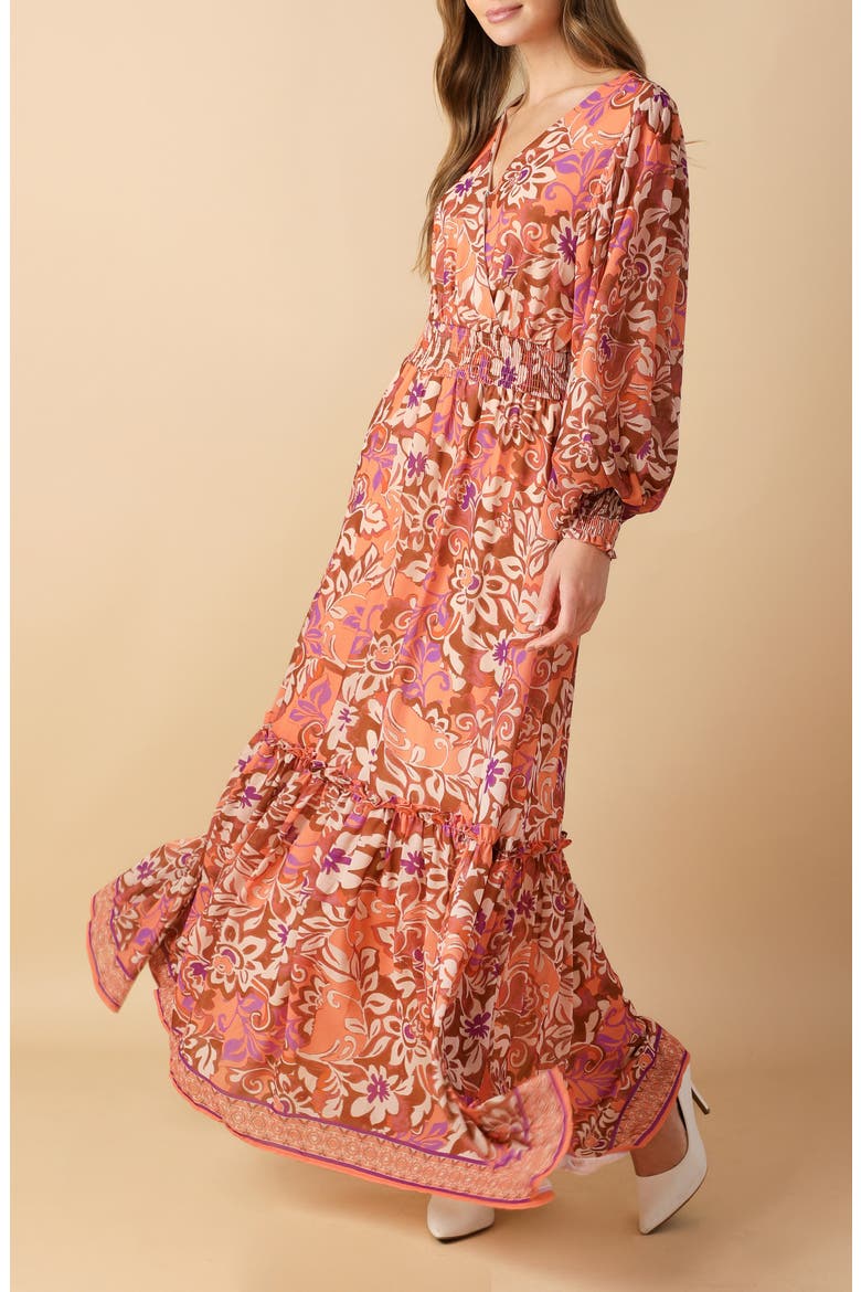 Print Long Sleeve Maxi Dress, Alternate, color, ORANGE/ BROWN/ PURPLE