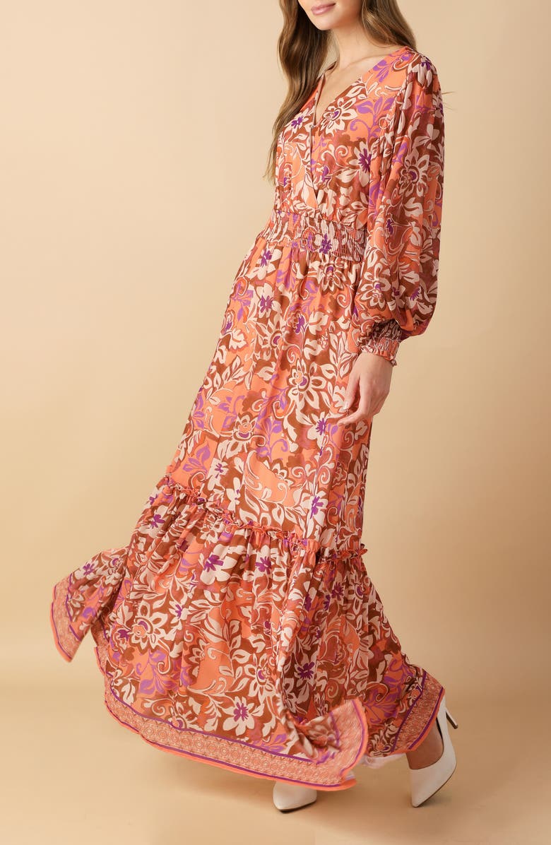 FLYING TOMATO Print Long Sleeve Maxi Dress, Alternate, color, Orange/ Brown/ Purple