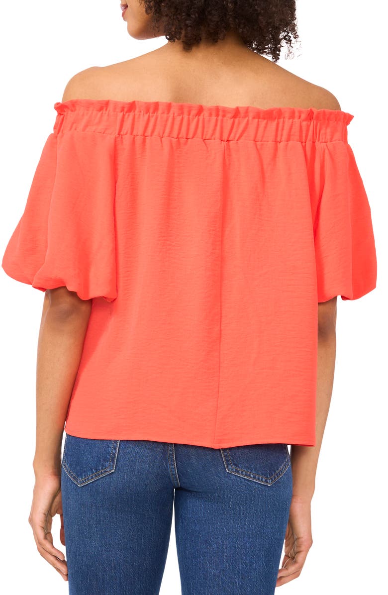 Vince Camuto Print Off the Shoulder Puff Sleeve Top, Alternate, color, Cayenne