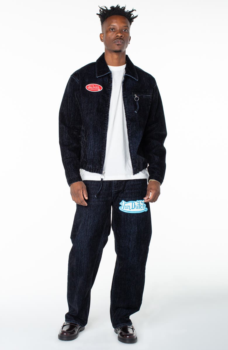 Von Dutch Pagans Flocked Bomber Denim Jacket, Alternate, color, Storm Surge