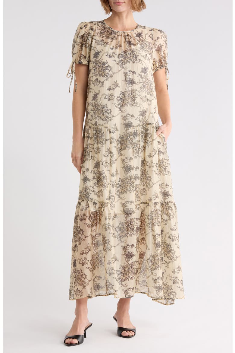 Puff Sleeve Drop Waist Maxi Dress, Main, color, BONE/ BLACK