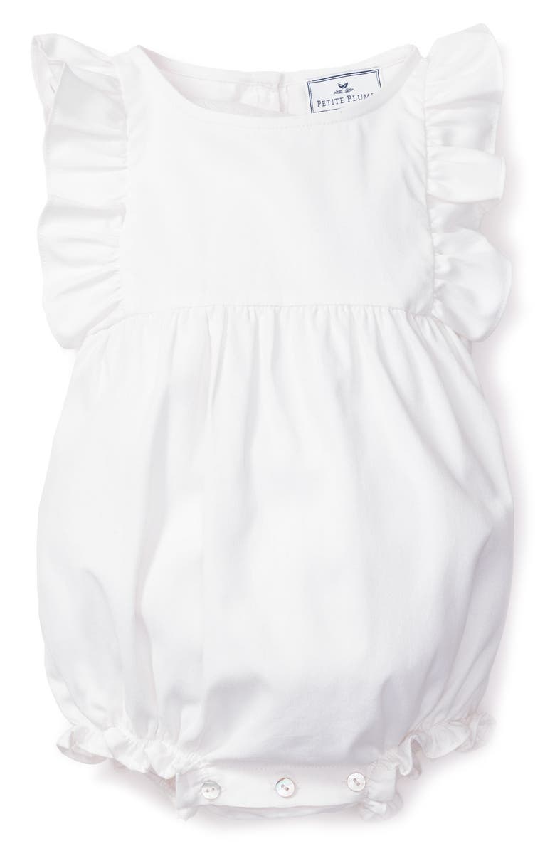 Petite Plume Ruffle Twill Romper, Main, color, 