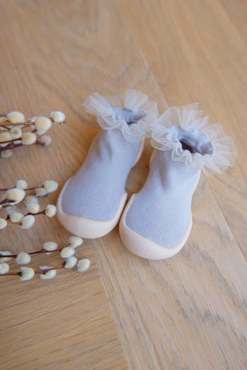 Toddler Girl Sock Shoes Tulle Trim - Beige