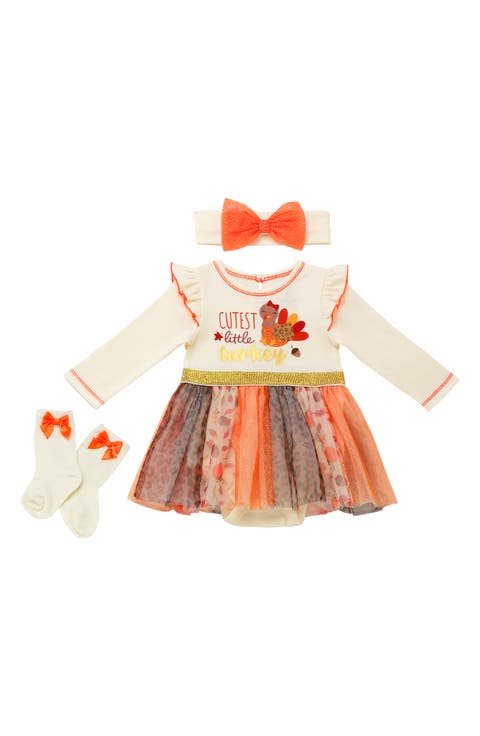 Kids' Turkey Bodysuit Dress, Headband & Socks Set