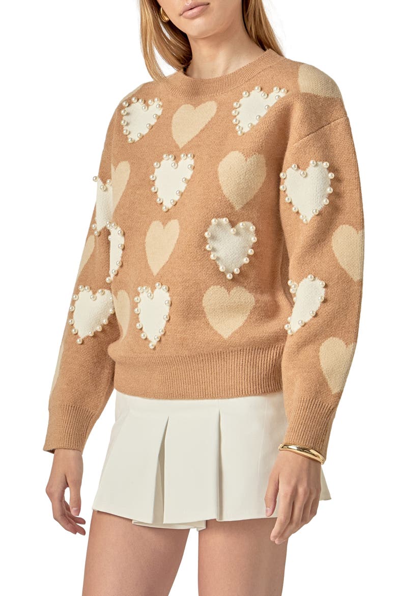 Heart Faux Pearl Embellished Crewneck Sweater, Alternate, color, TAN MULTI