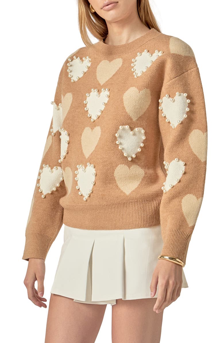 English Factory Heart Faux Pearl Embellished Crewneck Sweater, Alternate, color, 