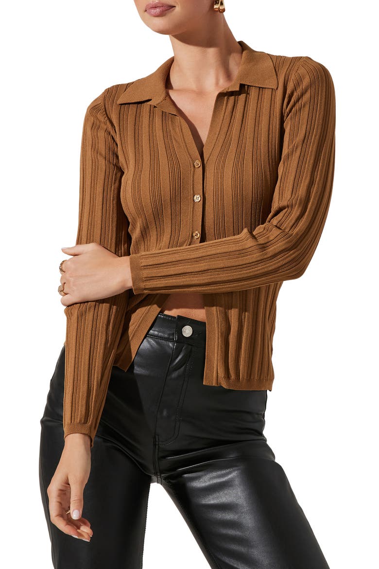 Rib Collar Cardigan, Main, color, BROWN