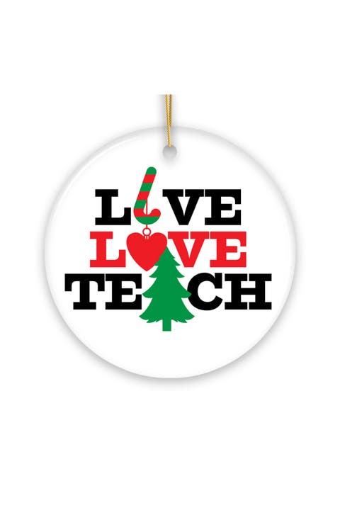Live Love Teach Candy Cane Round Tree Ceramic Ornament