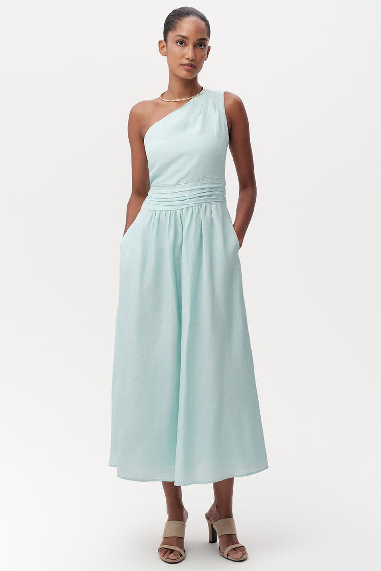 Burk Elastic Waist Linen Blend Midi Dress, Main, color, Blue