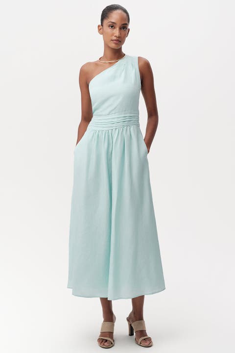 Burk Elastic Waist Linen Blend Midi Dress