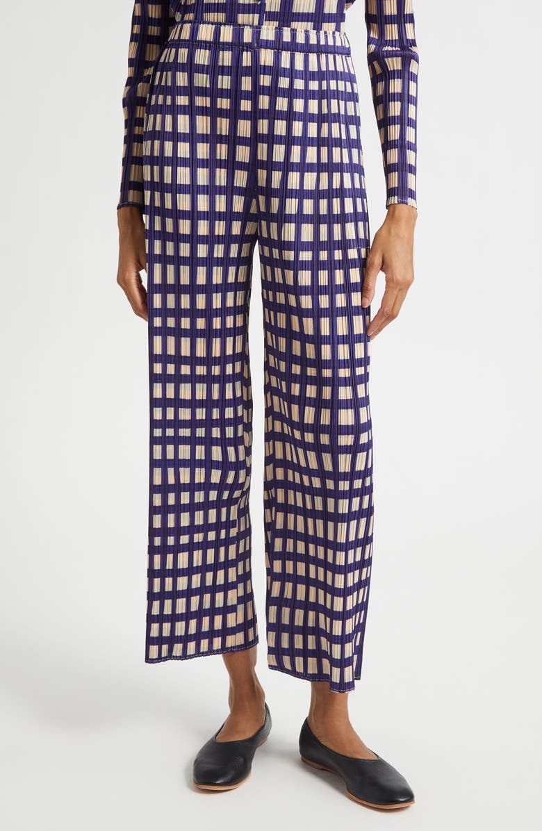 Issey Miyake Basket Print Pleated Crop Straight Leg Pants, Main, color, Navy