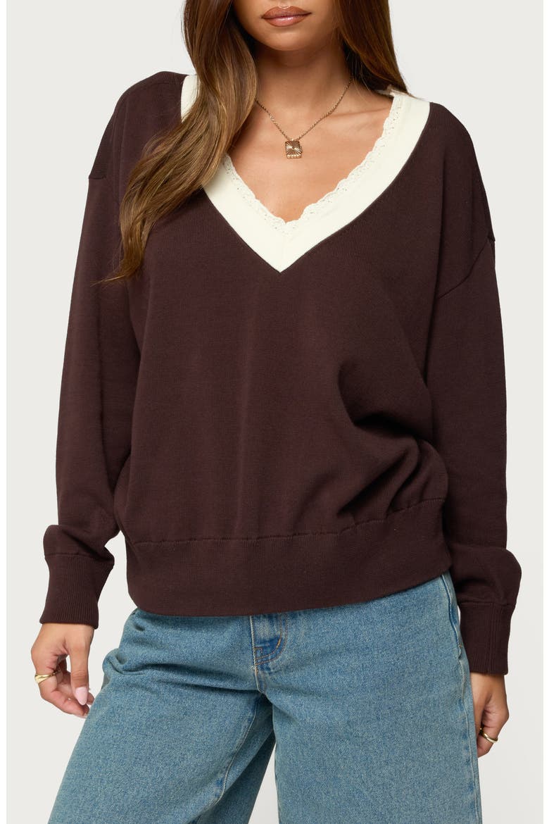 Marie Lace Contrast Cotton V-Neck Sweater, Main, color, BROWN