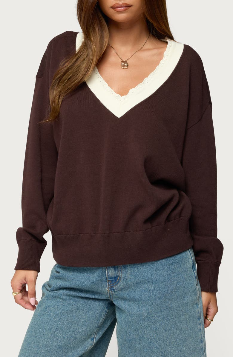 EDIKTED Marie Lace Contrast Cotton V-Neck Sweater, Main, color,