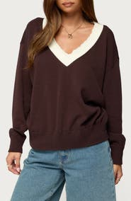 EDIKTED Marie Lace Contrast Cotton V-Neck Sweater