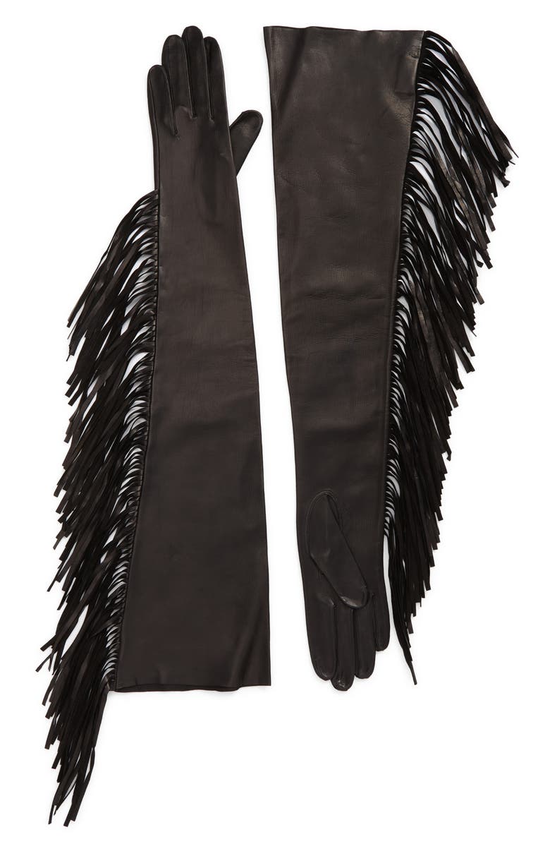 Seymoure Runway Fringe Long Leather Gloves, Main, color, 