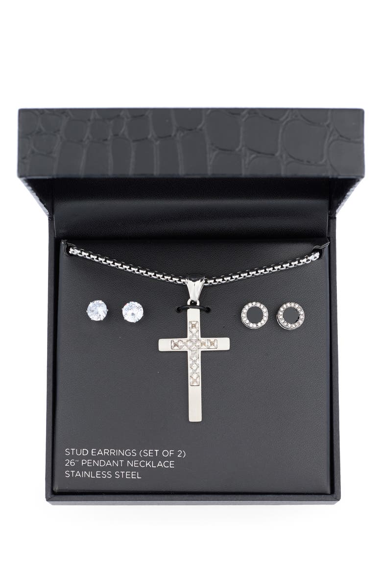 AMERICAN EXCHANGE Men's Crystal Cross Necklace & Stud Earrings Set, Alternate, color, 