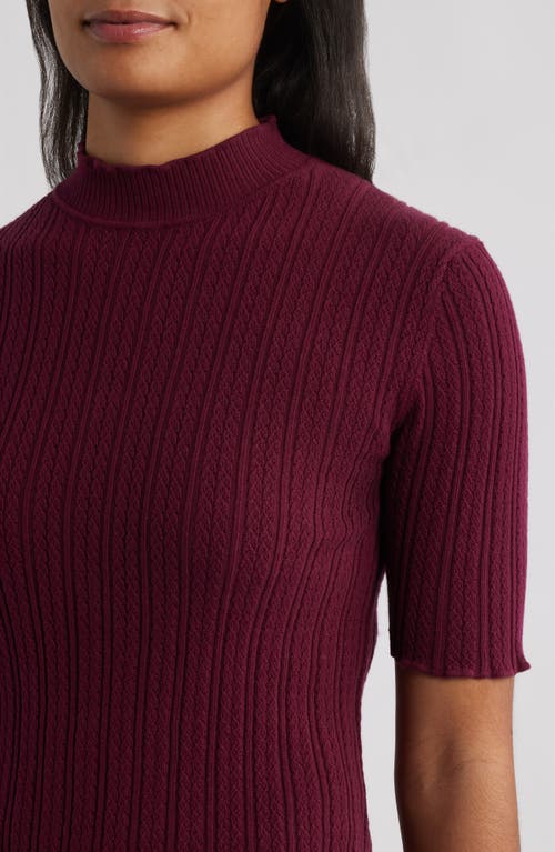 Anne Klein Mock Neck Short Sleeve Cotton Blend Sweater In Burgundy