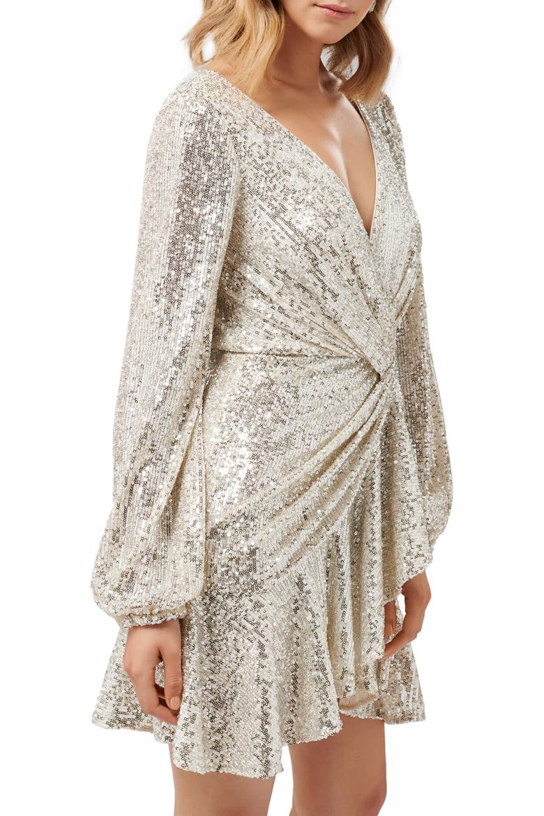 Flip Sequin Long Sleeve Cocktail Dress, Alternate, color, SILVER