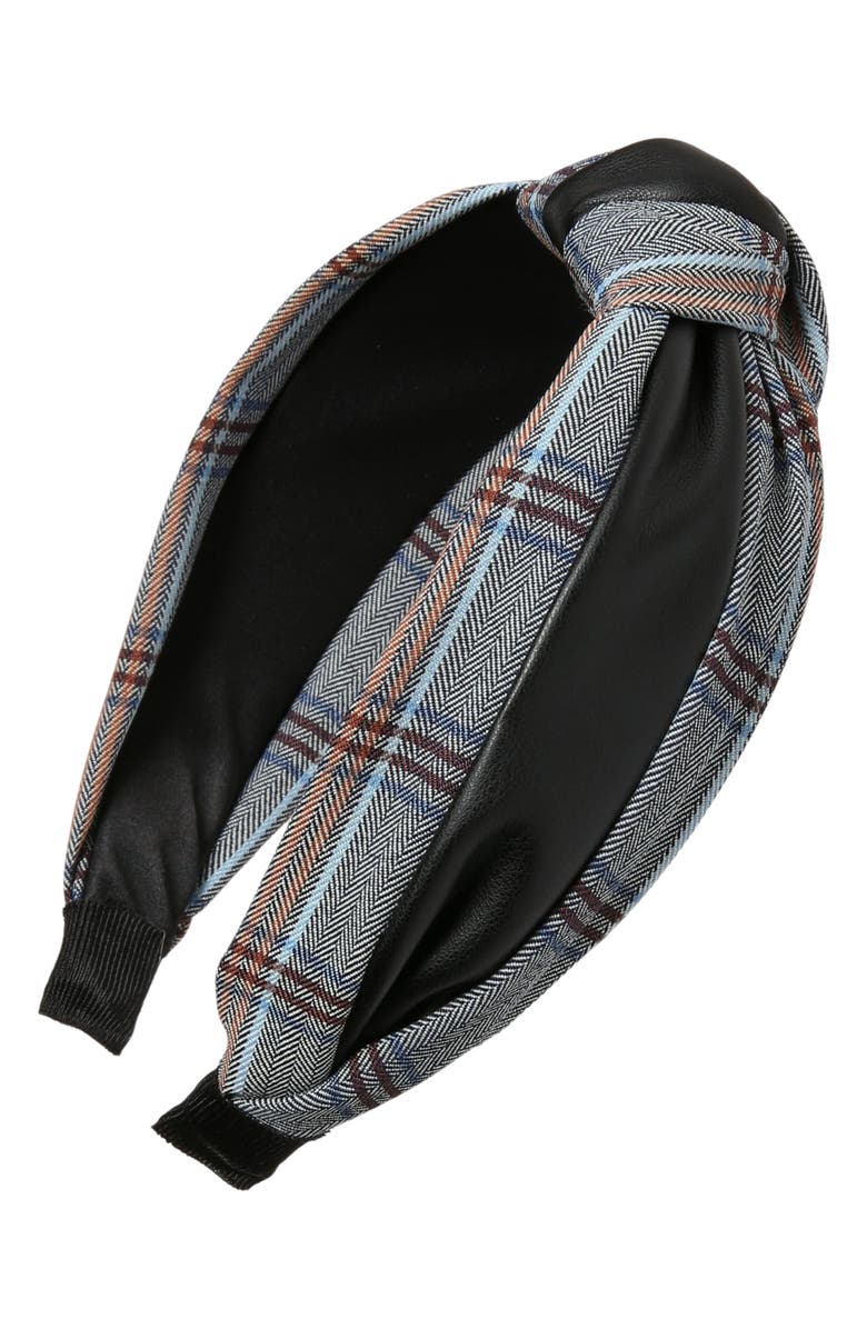 NATASHA Mixed Media Plaid & Faux Leather Headband, Main, color, Black