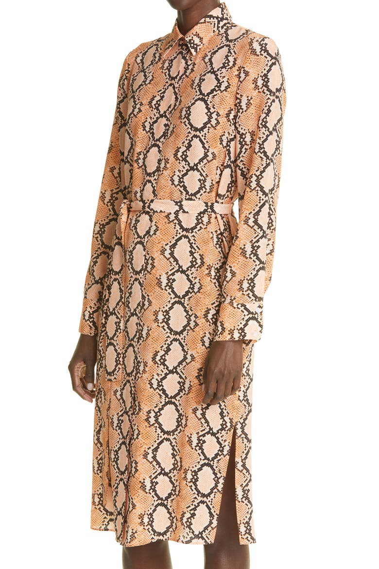 Snakeskin Print Long Sleeve Silk Crêpe de Chine Shirtdress, Alternate, color, PEHM