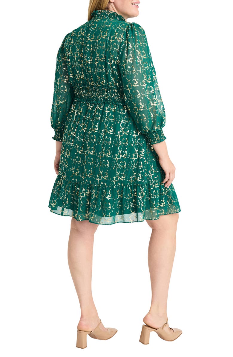 Maggy London Puff Sleeve Smocked Fit & Flare Dress, Alternate, color, Green/ Gold