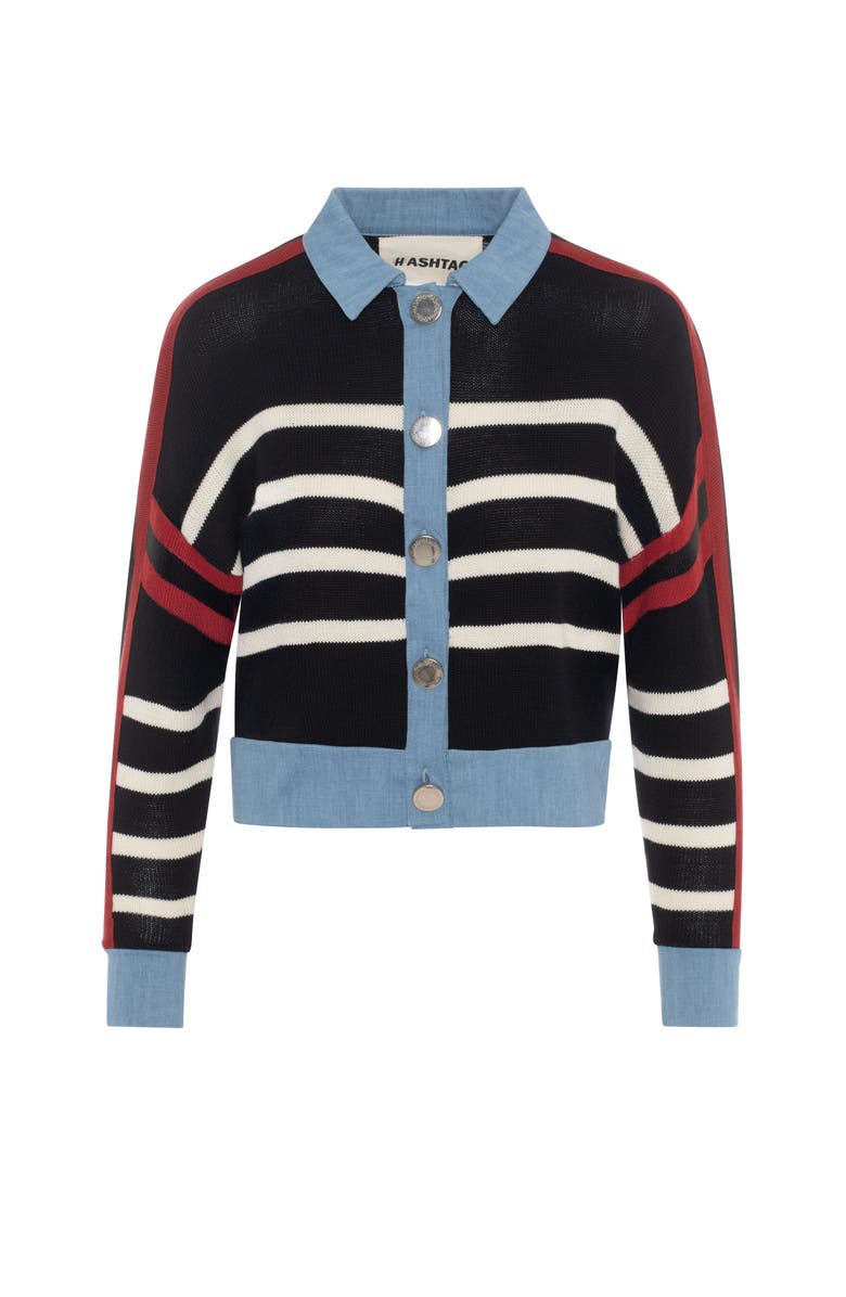 Hashtag Striped Denim Combo Button Front Knit Cardigan, Main, color, Black/Cream